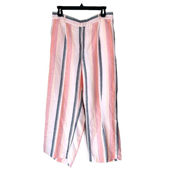 LOFT Linen Rayon Wide Leg Pants Striped M Pink Peach Gray - Picture 1 of 10